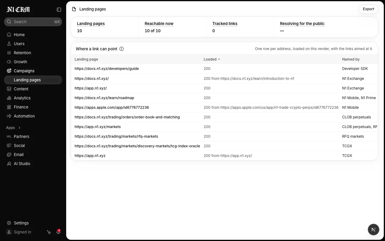 Landing pages: every page a tracked link can point at and whether it answered