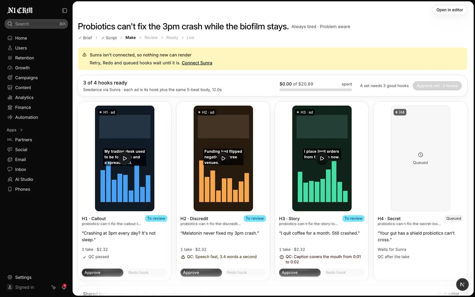 Three ads rendering from one brief, one per hook