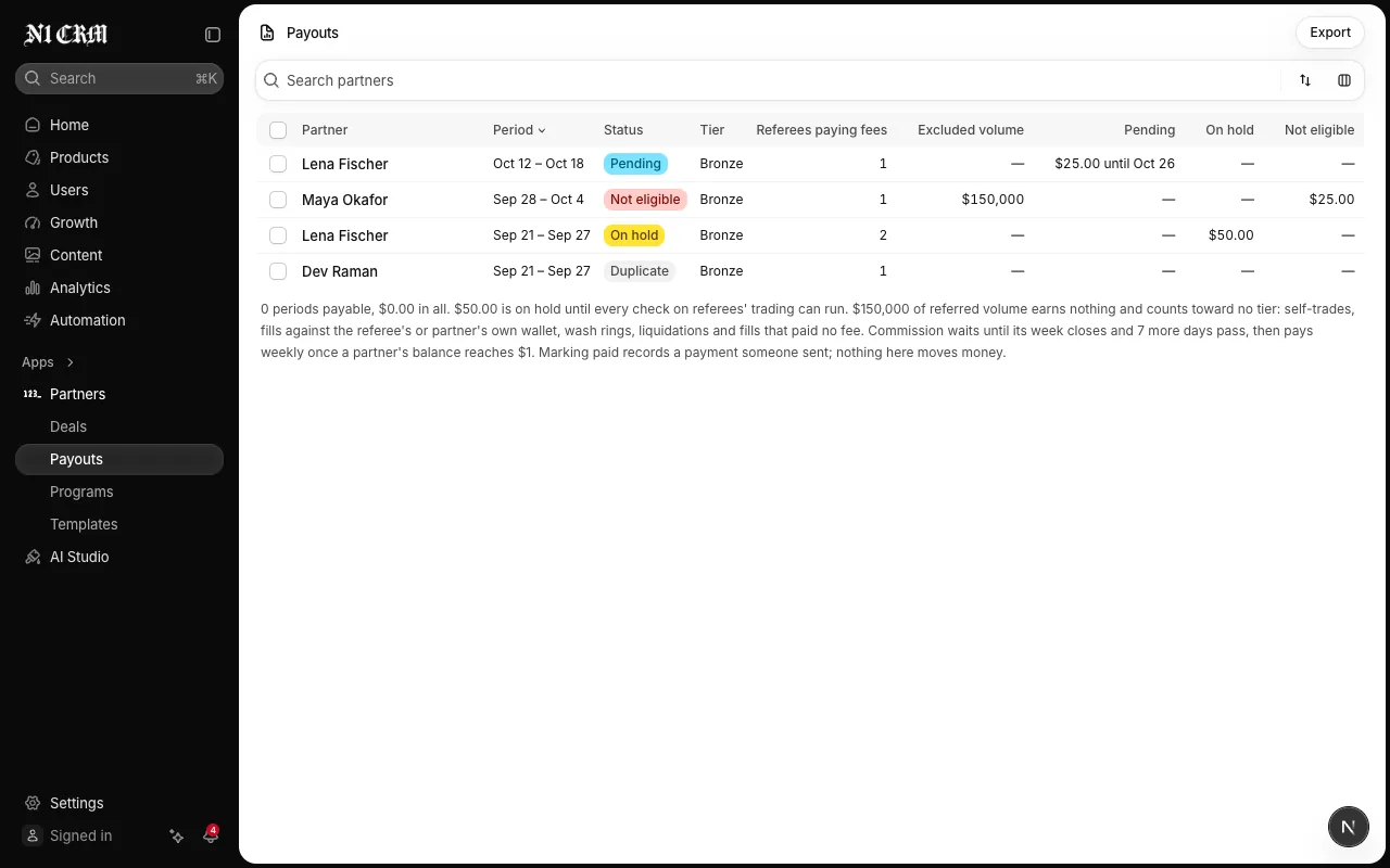 Partner payouts by period, pending, processed or paid