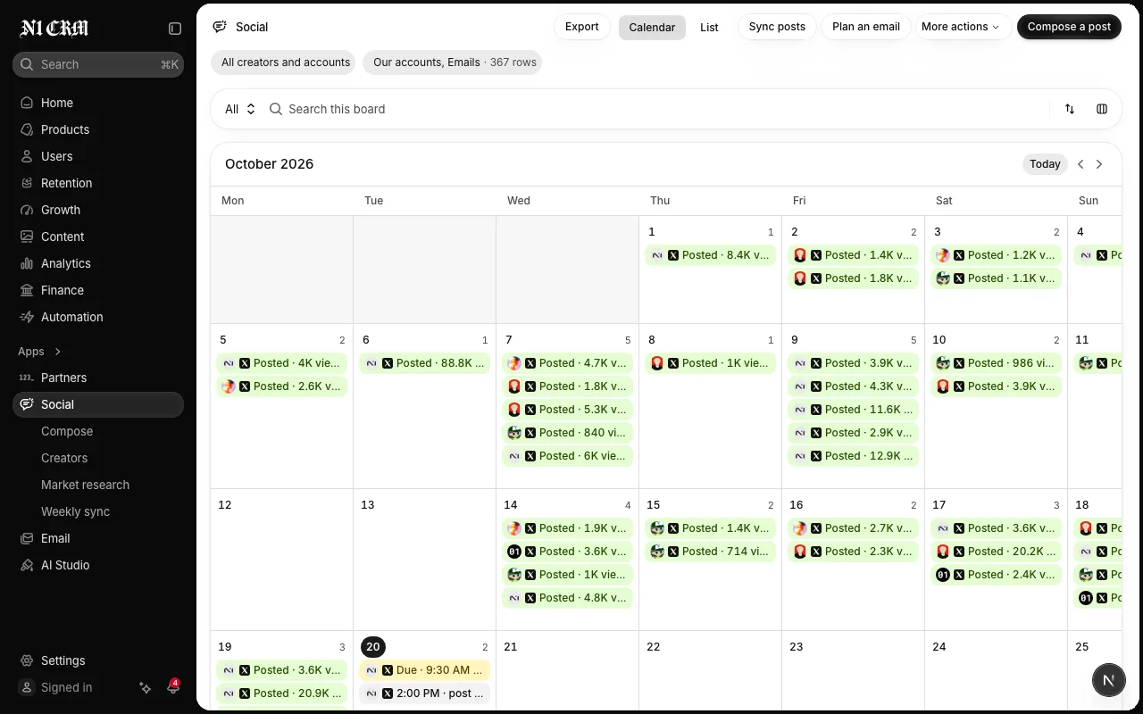 The social calendar: every post across accounts by day